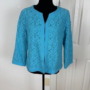 Ruby Rd. Women's Aqua Blue Floral Lace‎ Cardigan Jacket - Size 12